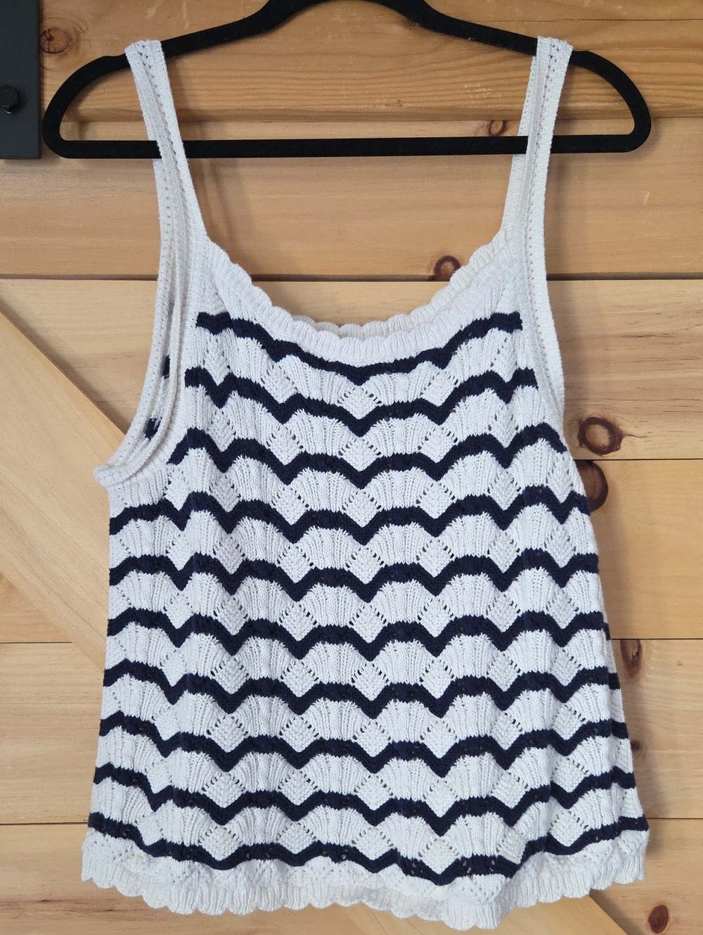 J. Crew 100% cotton striped square neck crochet blue white tank top L